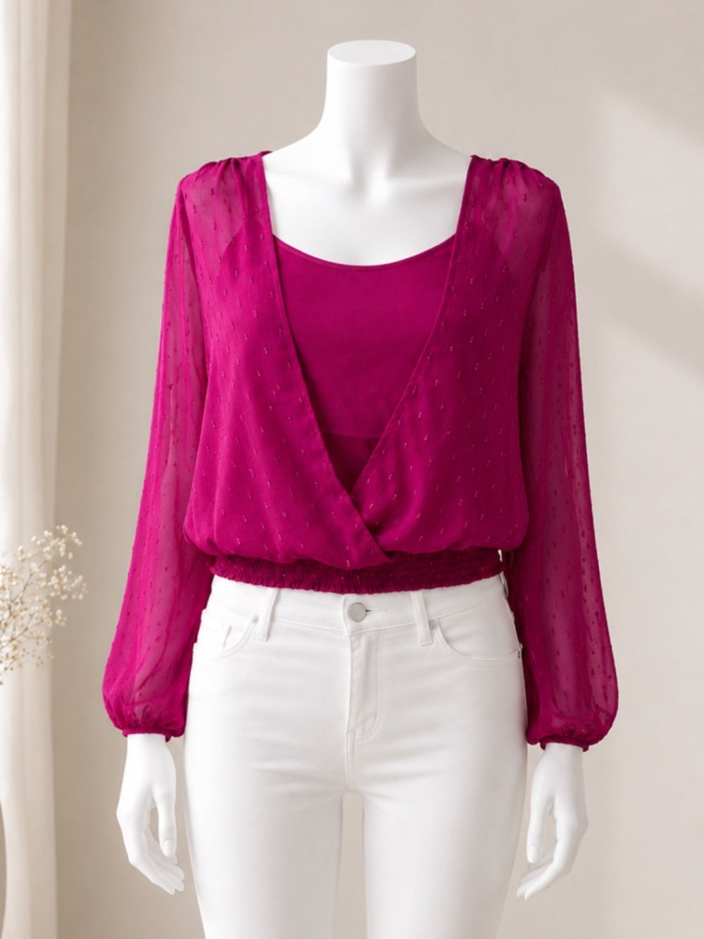 CeCe Women's Magenta Long Sleeve Smocked Blouse Top Size M